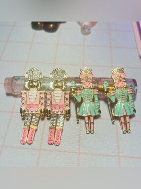 Pink and Mint Green Enamel Earrings Nutcracker Soldier Earring Set